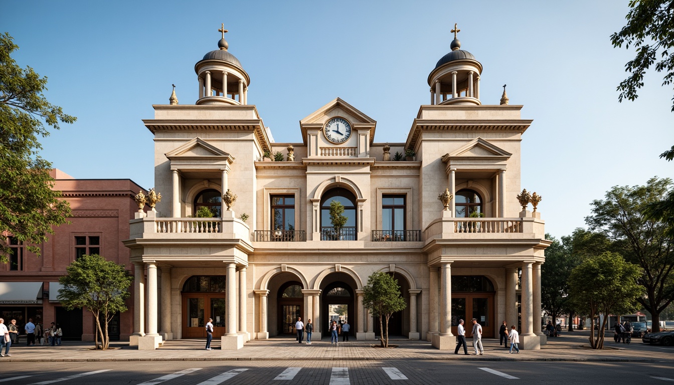 Prompt: Grandiose transportation hub, Beaux-Arts architecture, ornate details, rusticated stone base, Corinthian columns, sweeping arches, grand domes, elegant clock towers, intricate moldings, limestone fa\u00e7ade, symmetrical composition, majestic entranceways, bronze door handles, ornate lanterns, cobblestone pavement, mature trees, sunny day, soft warm lighting, shallow depth of field, 1/2 composition, realistic textures, ambient occlusion.