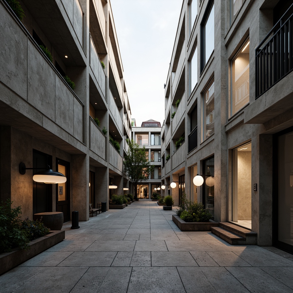 Prompt: Industrial-style courtyards, brutalist architecture, exposed concrete walls, minimalist decor, functional lighting fixtures, metal lamp posts, linear pendant lights, frosted glass shades, warm white illumination, softbox lighting effects, shallow depth of field, 1/1 composition, symmetrical framing, high-contrast textures, ambient occlusion, afternoon sunlight, subtle shadows, rustic stone flooring, weathered steel railings.