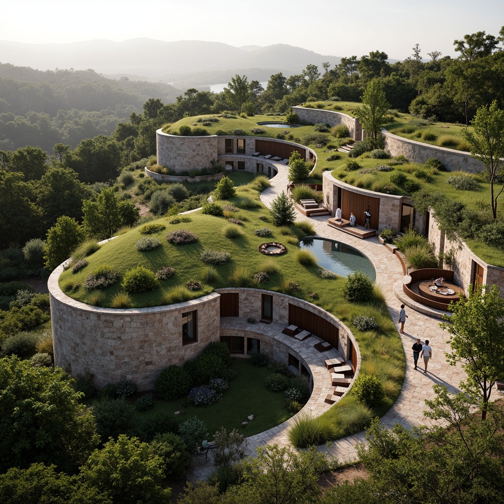 Prompt: Harmonious landscape integration, lush green roofs, native plant species, curved building lines, natural stone walls, wooden accents, cantilevered structures, panoramic views, seamless transitions, outdoor living spaces, organic forms, earthy color palette, warm ambient lighting, soft focus, 3/4 composition, atmospheric perspective, realistic textures, detailed normal maps.