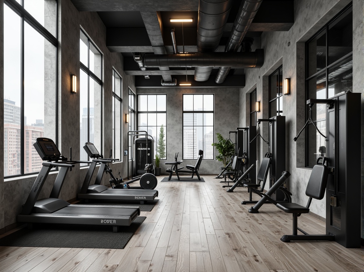 Prompt: Monochromatic fitness club, industrial chic aesthetic, exposed concrete walls, sleek metal equipment, matte black machinery, minimalist lighting fixtures, polished wooden floors, neutral color palette, soft grey tones, calming white accents, bold accent walls, modern architectural lines, urban loft atmosphere, natural textures, subtle branding elements, clean typography, high-contrast photography, shallow depth of field, 1/1 composition, realistic renderings, ambient occlusion.