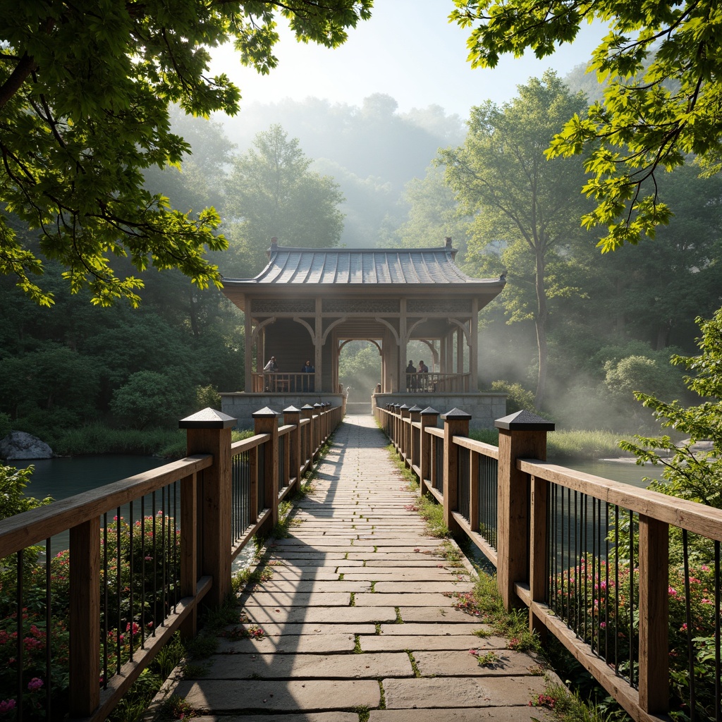 Prompt: Rustic regionalism bridge, meandering river, lush green forests, natural stone piers, wooden railings, distressed metal accents, earthy color palette, warm sunny day, soft diffused lighting, atmospheric fog, 1/1 composition, symmetrical architecture, ornate lanterns, traditional cultural motifs, textured stonework, weathered wood planks, vibrant floral arrangements, serene water reflections, gentle misting effects.