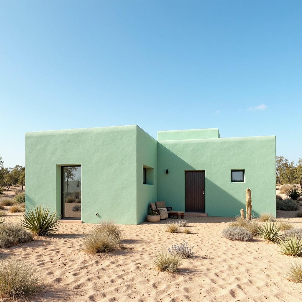 Prompt: Mint-colored adobe architecture, desert landscape, sandy dunes, cactus plants, hot sunny day, clear blue sky, vast open space, modern minimalist design, sleek metal accents, natural stone walls, earthy tones, soft pastel hues, calming ambiance, shallow depth of field, 3/4 composition, panoramic view, realistic textures, ambient occlusion.