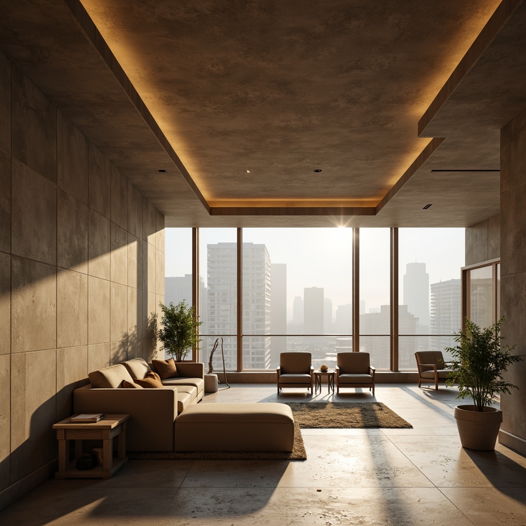 Prompt: Luxurious interior space, richly textured Lavacrete walls, earthy tone, natural stone floors, warm ambient lighting, sleek minimalist furniture, modern architectural design, spacious open layout, floor-to-ceiling windows, urban cityscape views, misty morning atmosphere, soft focus blur, 1/1 composition, subtle gradient maps.