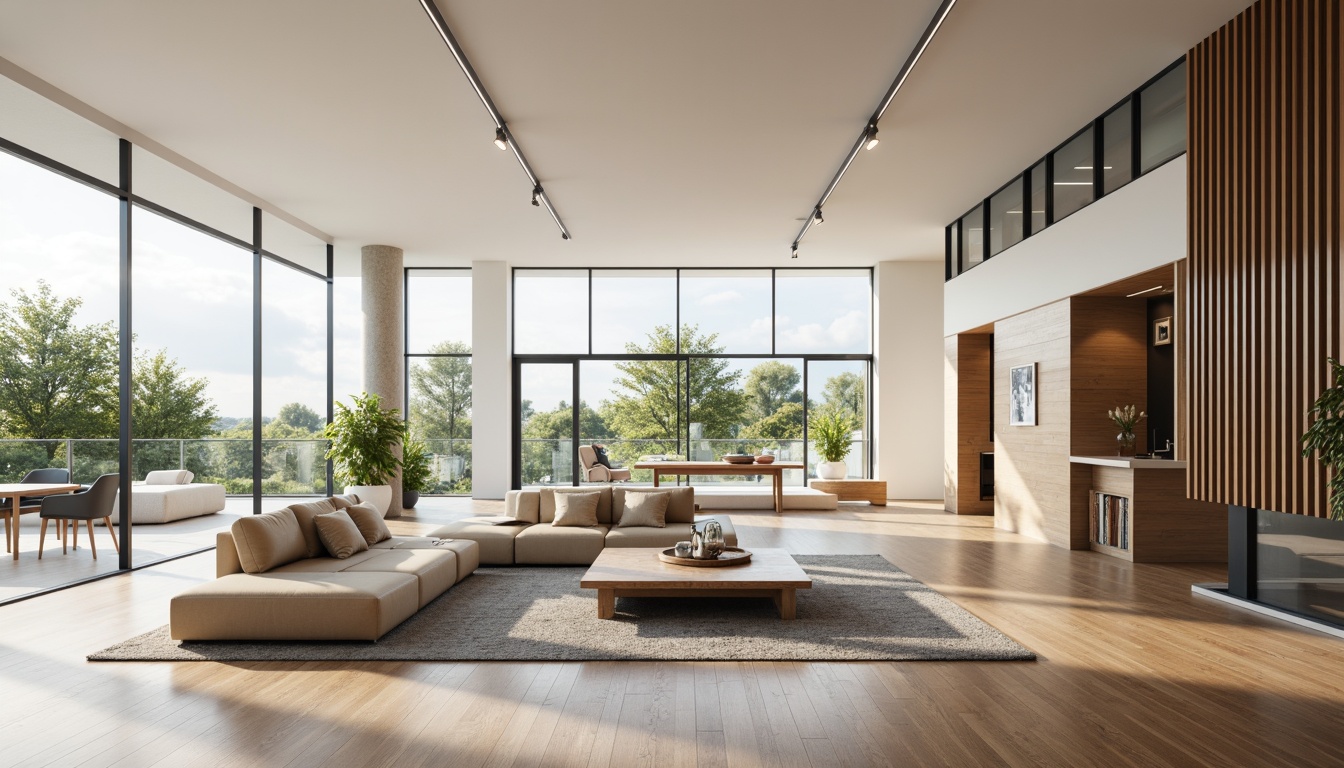 Prompt: Open-plan living area, minimalist decor, sleek modern furniture, polished wooden floors, floor-to-ceiling windows, abundant natural light, airy atmosphere, functional layout, optimized traffic flow, curved pathways, circular seating areas, modular shelving units, recessed LED lighting, calming color scheme, textured rugs, acoustic panels, 1/1 composition, symmetrical balance, negative space emphasis, subtle gradient effects.