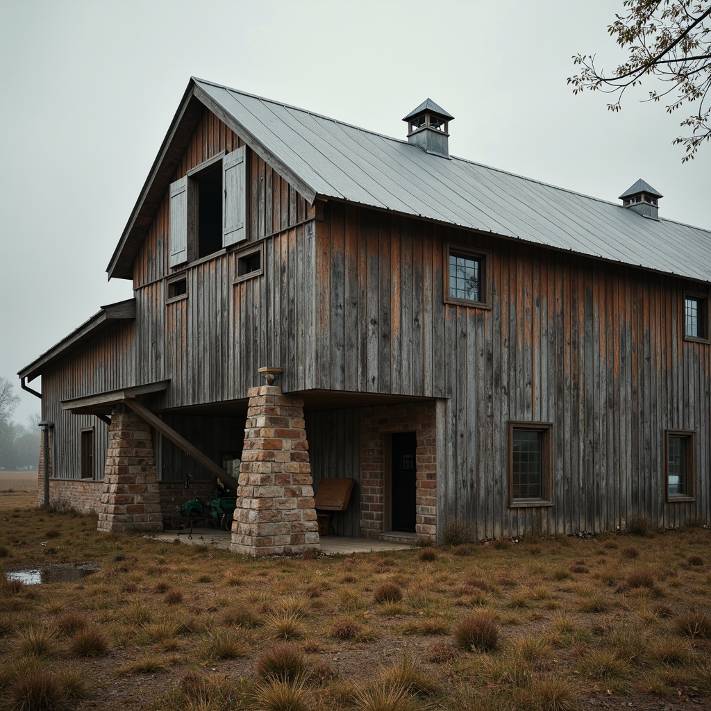 Prompt: Rustic barn, weathered wooden planks, corrugated metal roofs, worn stone foundations, earthy tones, natural textures, distressed finishes, vintage agricultural tools, hayloft windows, wooden beams, exposed brick walls, reclaimed wood accents, rural landscape, overcast sky, warm soft lighting, atmospheric fog, shallow depth of field, 1/2 composition, rustic color palette, natural materiality.