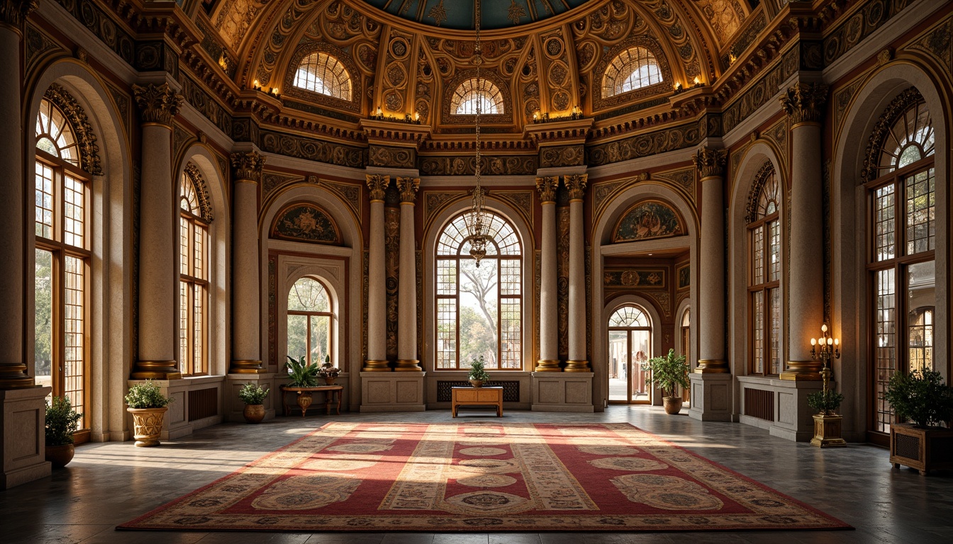 Prompt: Intricate archways, ornate columns, golden mosaics, richly patterned rugs, vaulted ceilings, grand domes, ornamental capitals, polished marble floors, luminous stained glass windows, warm atmospheric lighting, soft shadows, 3/4 composition, symmetrical balance, classical proportions, historic architecture, Byzantine style, opulent decorations.