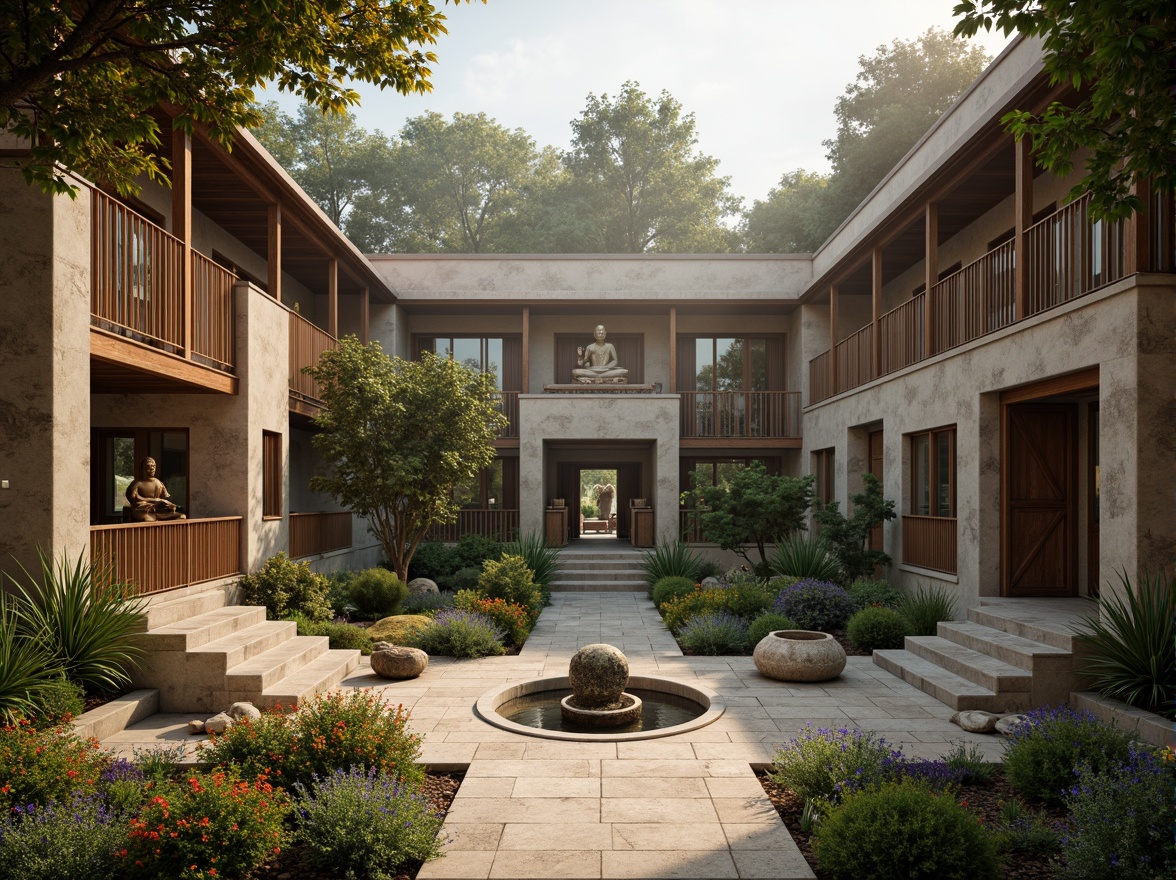 Prompt: \Serenity-infused monastery housing, earthy tones, natural stone walls, wooden accents, soft warm lighting, gentle misting effects, lush green courtyards, vibrant flower arrangements, tranquil water features, peaceful Buddha statues, intricate stone carvings, ornate wooden doorways, subtle color gradients, soft shadows, 1/1 composition, shallow depth of field, realistic textures, ambient occlusion.\