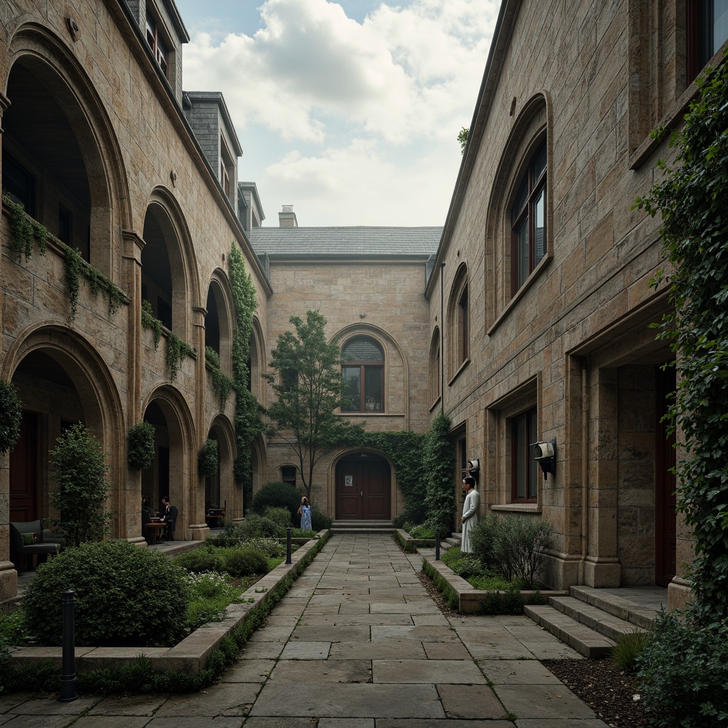 Prompt: Rustic university campus, Gothic architecture, weathered stone walls, intricately carved stonework, pointed arches, ribbed vaults, grandiose entranceways, heavy wooden doors, ornate metalwork, moss-covered statues, mysterious foggy atmosphere, soft diffused lighting, shallow depth of field, 1/1 composition, realistic textures, ambient occlusion, warm earthy tones, natural stone pathways, ivy-clad buildings, dramatic sky with puffy clouds.