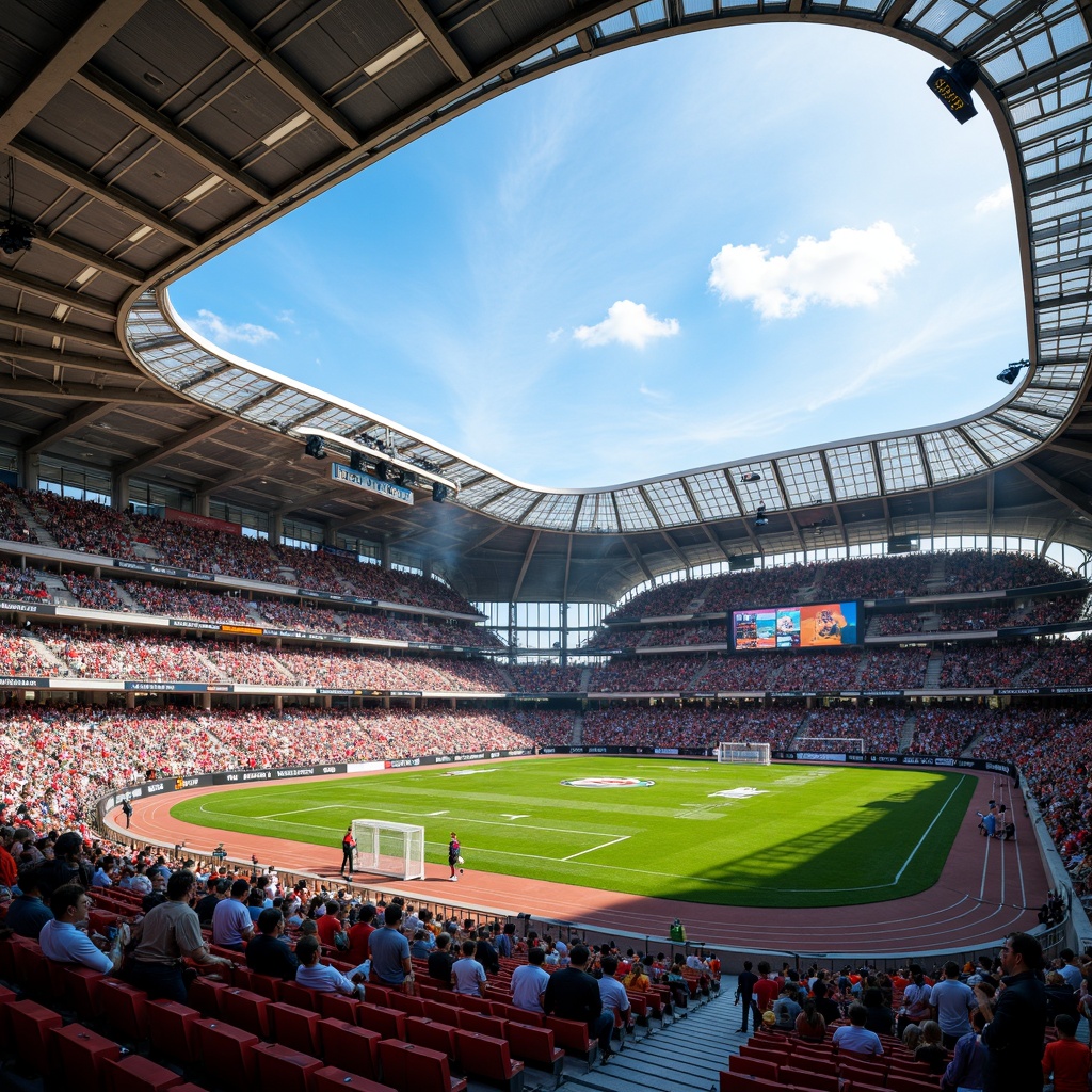 Prompt: Vibrant sports stadium, tiered seating sections, comfortable cushioned chairs, optimal viewing angles, immersive fan experience, energetic crowd atmosphere, dynamic lighting effects, massive video screens, transparent roofs, modern architecture, sleek metal beams, polished concrete floors, vibrant team colors, athletic tracks, lush green grass, sunny day, dramatic shadows, 1/1 composition, cinematic rendering, realistic textures, ambient occlusion.