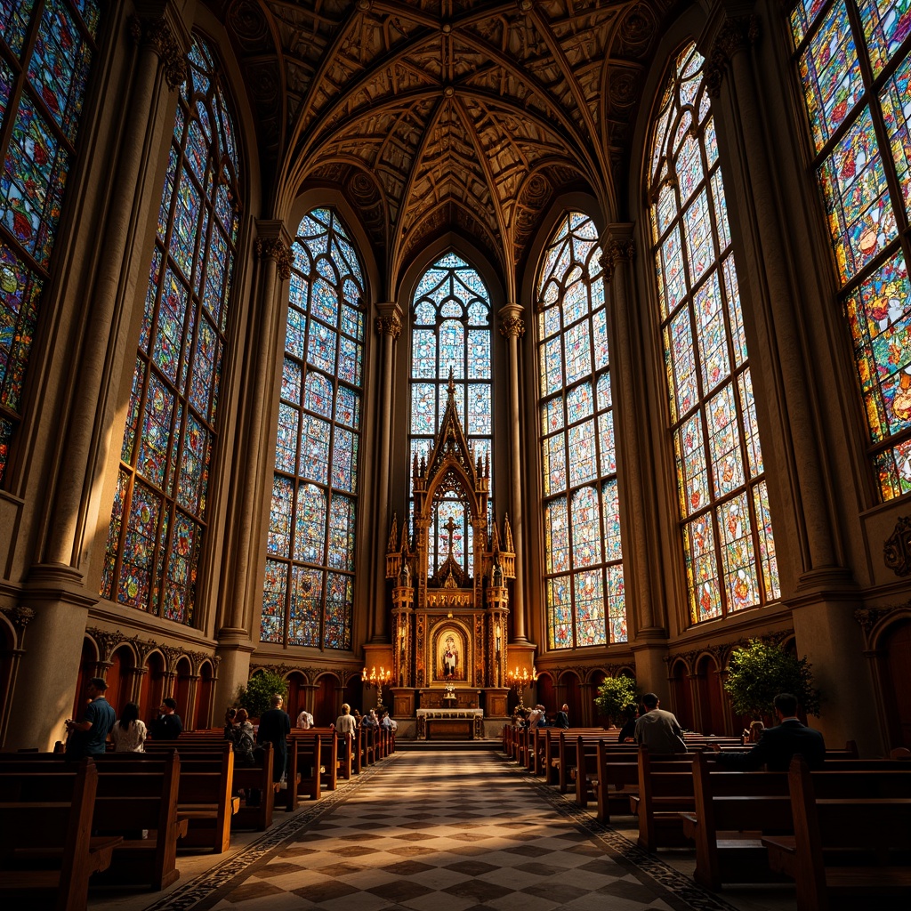 Prompt: Intricate stained glass windows, vivid colors, ornate patterns, Gothic architecture, grand cathedral, sacred ambiance, warm golden lighting, diffused soft focus, shallow depth of field, 1/1 composition, symmetrical framing, ornate stone carvings, intricate mosaics, holy scriptures, majestic altar, serene atmosphere, peaceful silence, natural materials, earthy tones.