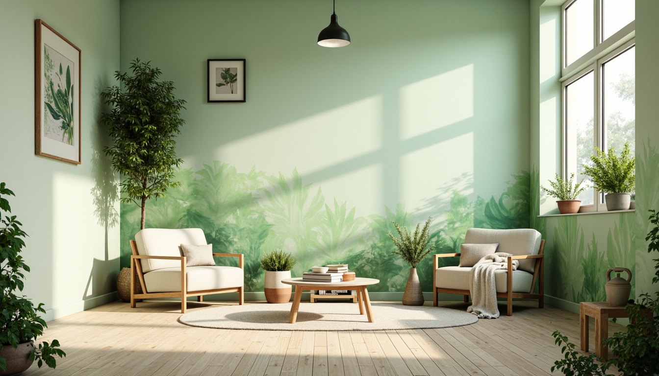 Prompt: Soft mint walls, pale lime accents, creamy whites, warm beige floors, natural wood textures, botanical patterns, delicate florals, gentle ombre effects, subtle gradient shifts, serene ambiance, softbox lighting, shallow depth of field, 1/1 composition, intimate atmosphere, cozy reading nooks, plush greenery, lush vines, misty morning light, realistic renderings, ambient occlusion.