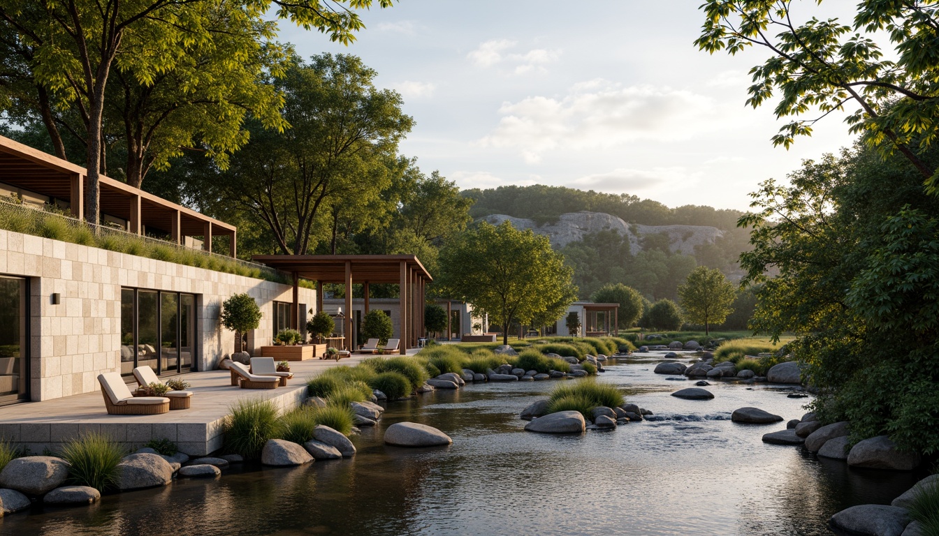 Prompt: Riverbank setting, serene water flow, lush greenery, limestone fa\u00e7ade, minimalist architecture, clean lines, simple forms, natural textures, earthy tones, rustic charm, wooden accents, steel beams, floor-to-ceiling windows, sliding glass doors, outdoor seating areas, riverside walkways, tranquil atmosphere, soft warm lighting, shallow depth of field, 3/4 composition, panoramic view, realistic reflections, ambient occlusion.