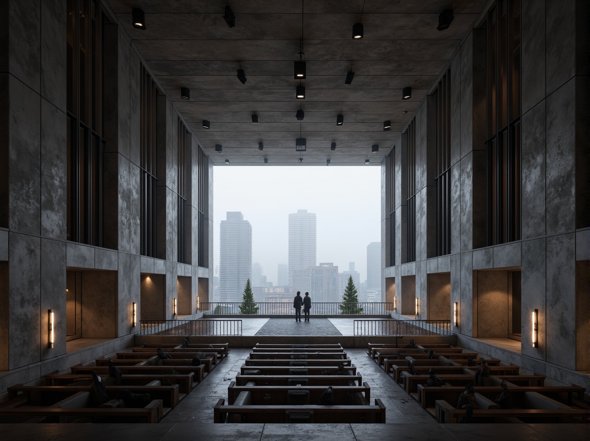 Prompt: Exposed concrete walls, raw brutalist architecture, minimalist design, industrial aesthetics, rectangular shapes, cold atmospheric lighting, dimly lit ambiance, tiered seating, wooden benches, steel railings, sound-absorbing materials, acoustic panels, suspended speakers, dramatic overhead lighting, cinematic atmosphere, high ceiling, vast open space, urban cityscape views, foggy day, softbox lighting, shallow depth of field, 2/3 composition, realistic textures, ambient occlusion.