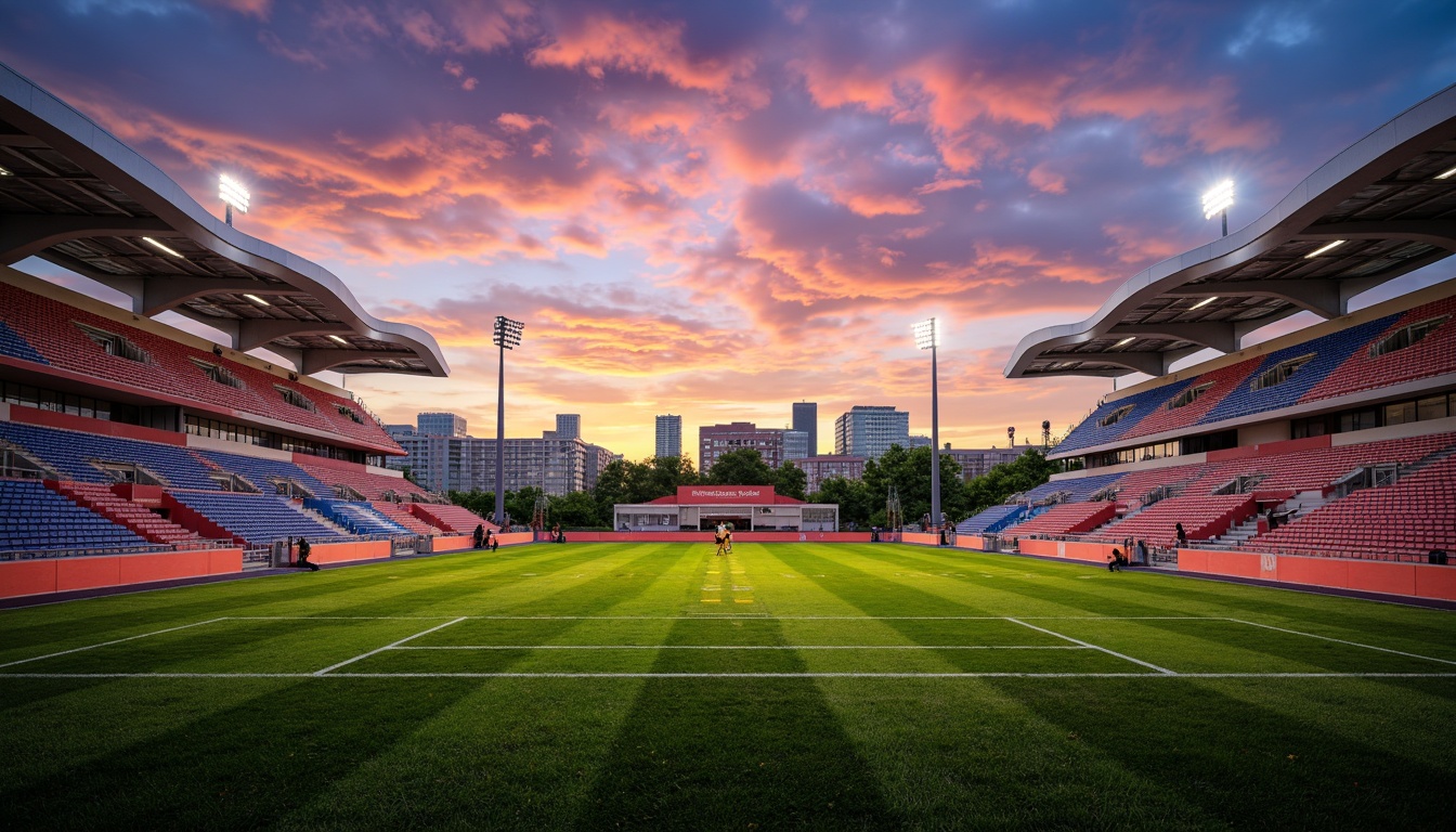 Prompt: Vibrant stadium atmosphere, bold team colors, dynamic LED lighting, sleek modern architecture, cantilevered roofs, expansive open spaces, tiered seating, athletic track, lush green grass, urban cityscape backdrop, dramatic sunsets, warm golden hour lighting, 1/1 composition, shallow depth of field, realistic textures, ambient occlusion.