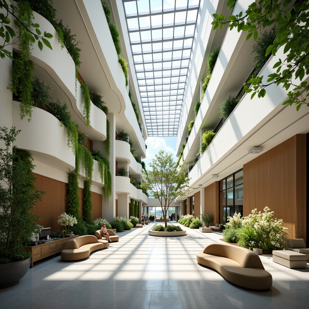 Prompt: Spacious hospital lobby, abundant natural light, clerestory windows, green walls, living plants, wooden accents, calming color palette, soothing ambiance, gentle curves, minimal ornamentation, ample seating areas, warm LED lighting, shallow depth of field, 1/1 composition, soft focus, realistic textures, ambient occlusion.