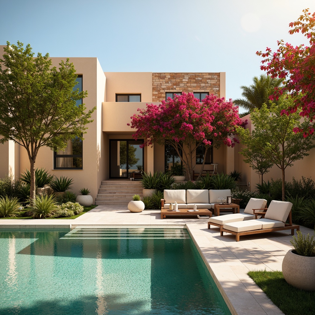 Prompt: Mediterranean-style villa, warm beige exterior walls, rustic stone accents, lush greenery surroundings, vibrant bougainvillea flowers, tranquil turquoise pool water, sleek modern furniture, plush outdoor cushions, soft golden lighting, warm sunny day, shallow depth of field, 3/4 composition, realistic textures, ambient occlusion.