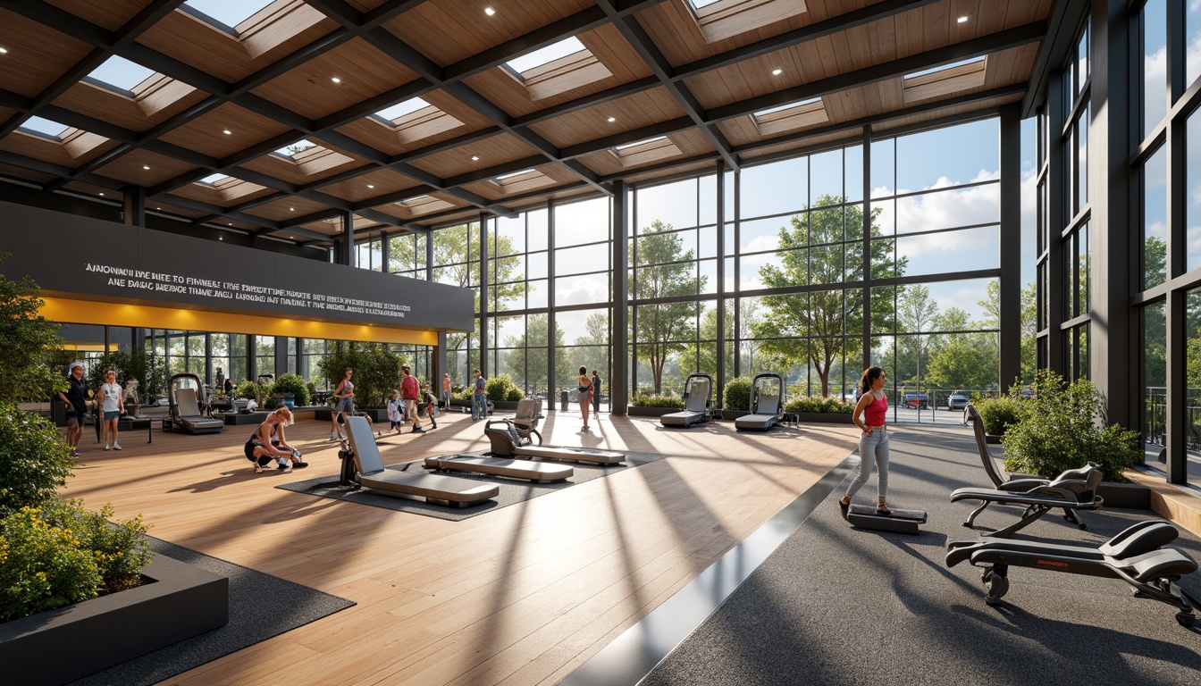 Prompt: Modern fitness club, expansive windows, natural light pouring in, sleek metal beams, polished wooden floors, vibrant color scheme, motivational quotes, state-of-the-art exercise equipment, free weights, cardio machines, mirrored walls, rubber flooring, athletic tracks, refreshing water features, lush greenery, living walls, abundant skylights, airy open spaces, minimalist decor, high ceilings, soft warm lighting, shallow depth of field, 3/4 composition, panoramic view, realistic textures, ambient occlusion.