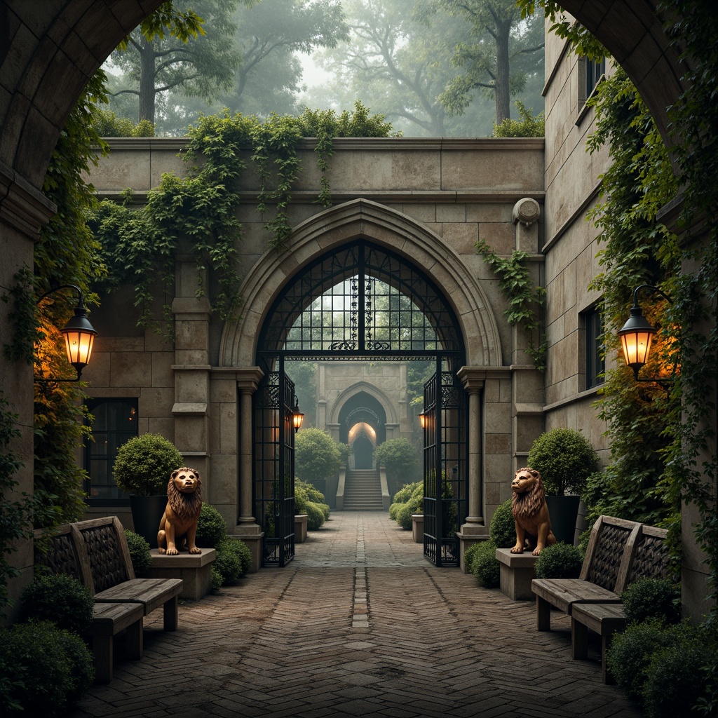 Prompt: Whimsical zoo scene, ornate Gothic arches, distressed stone walls, overgrown ivy vines, mysterious misty atmosphere, intricate ironwork details, majestic lion statues, grandiose entrance gates, rustic wooden bridges, vintage lanterns, mystical fog effects, warm golden lighting, shallow depth of field, 1/2 composition, dramatic contrast, realistic textures, ambient occlusion.