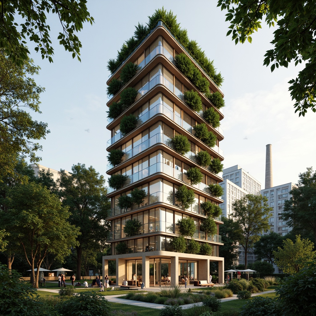 Prompt: Eco-friendly skyscraper, green roofs, living walls, recycled glass fa\u00e7ade, bamboo flooring, low-carbon concrete, solar panels, wind turbines, rainwater harvesting systems, grey water reuse, composting toilets, organic gardens, vertical farming, natural ventilation systems, clerestory windows, passive solar design, minimalist interior, reclaimed wood accents, energy-efficient appliances, soft warm lighting, shallow depth of field, 3/4 composition, realistic textures, ambient occlusion.