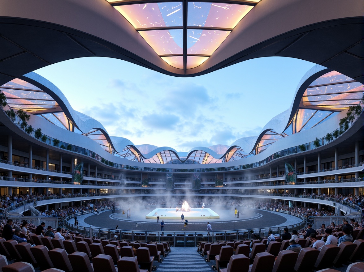 Prompt: Undulating curvaceous stadium, dynamic fluid forms, aerodynamic shapes, translucent membrane roofs, iridescent colors, gradient patterns, futuristic architecture, sleek metallic surfaces, minimalist design, cantilevered seating areas, atmospheric lighting effects, misty evening ambiance, shallow depth of field, 1/1 composition, panoramic view, realistic reflections, ambient occlusion.