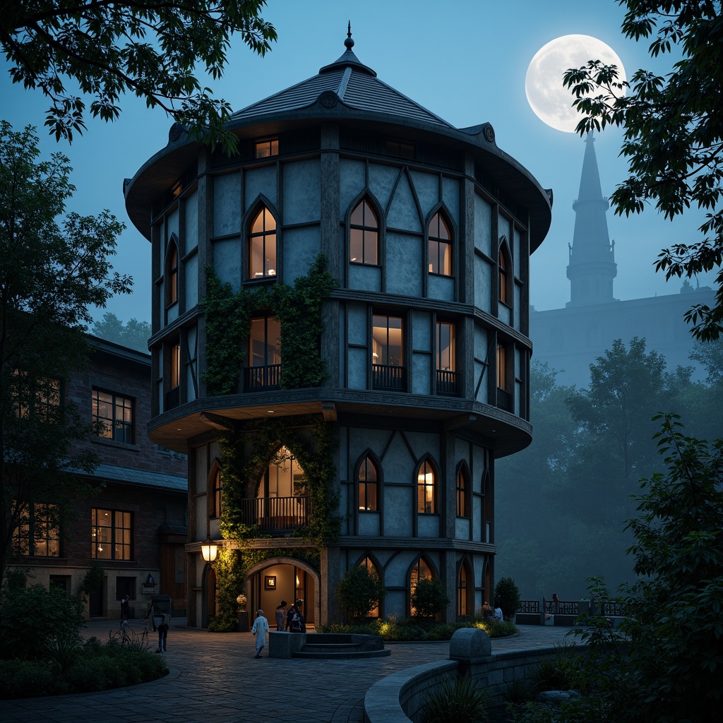 Prompt: Majestic watchtower, rustic stone facade, ivy-covered walls, ornate Gothic details, narrow windows, grand arches, medieval-inspired architecture, mysterious nighttime atmosphere, soft moonlight, misty surroundings, eerie silence, 3/4 composition, shallow depth of field, cinematic lighting, realistic textures, ambient occlusion.