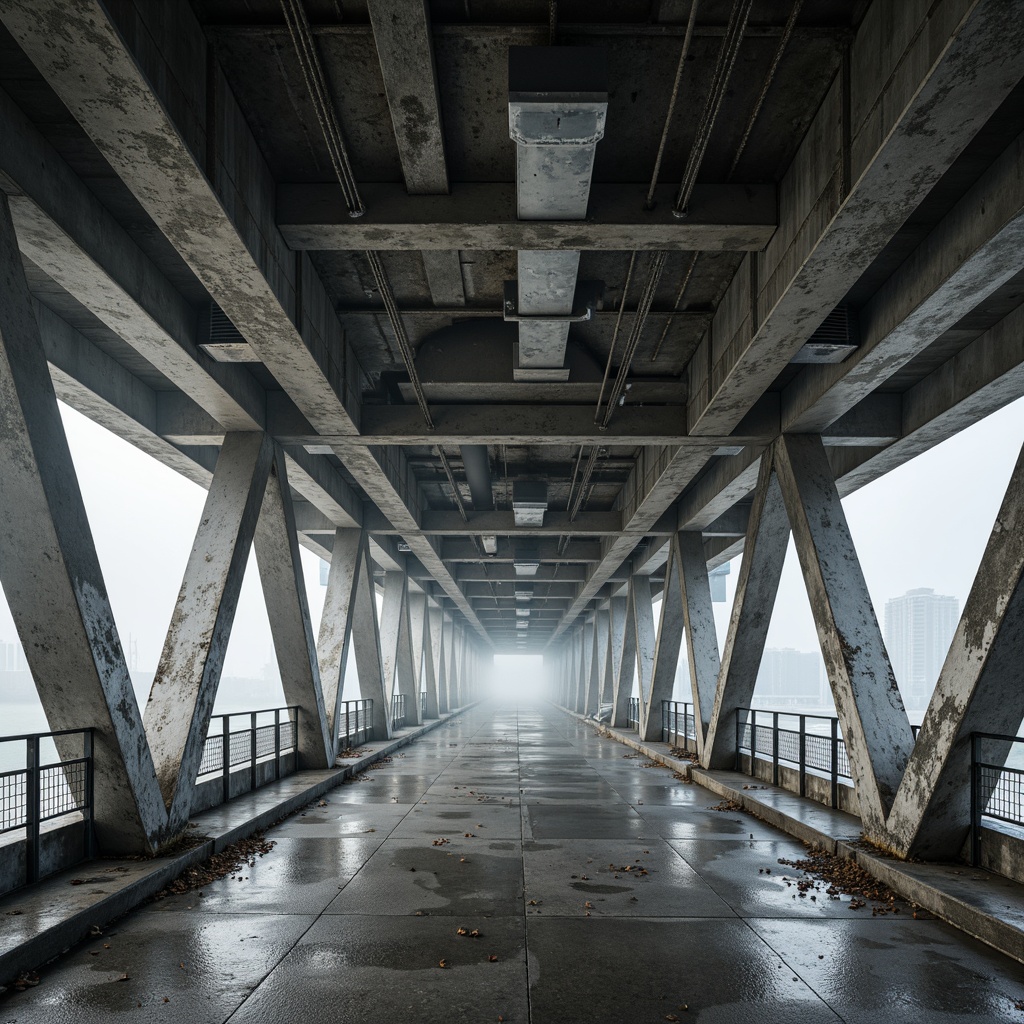 Prompt: Rugged, industrial-style bridge, steel beams, reinforced concrete pillars, suspension cables, geometric latticework, modern urban landscape, misty morning atmosphere, soft diffused lighting, shallow depth of field, 3/4 composition, realistic textures, ambient occlusion, weathered metal surfaces, exposed ductwork, sleek glass railings, minimalist design aesthetic.