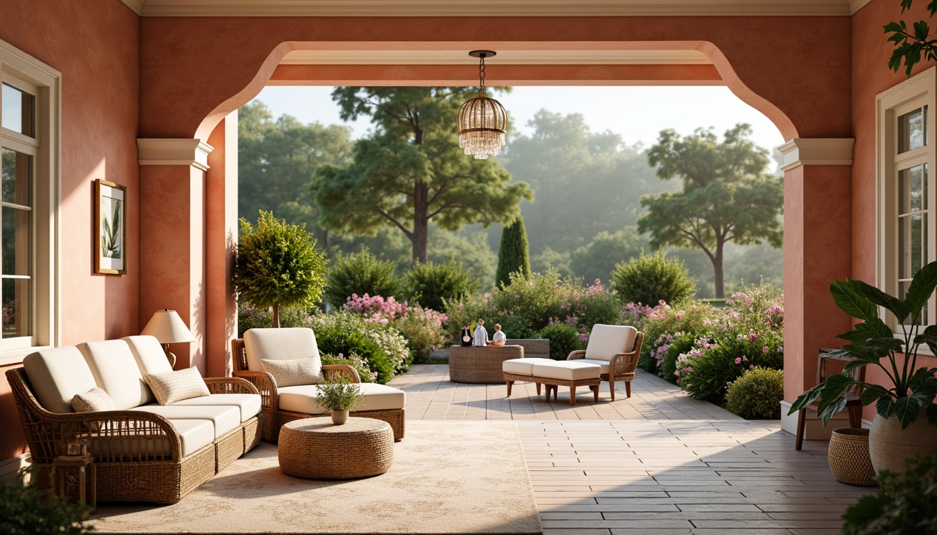 Prompt: Warm peach tone walls, soft blush accents, creamy white trim, natural wood flooring, botanical garden views, lush greenery, vibrant flowers, rustic outdoor furniture, woven rattan details, delicate lace textures, gentle warm lighting, shallow depth of field, 1/1 composition, intimate close-up shots, realistic renderings, ambient occlusion.