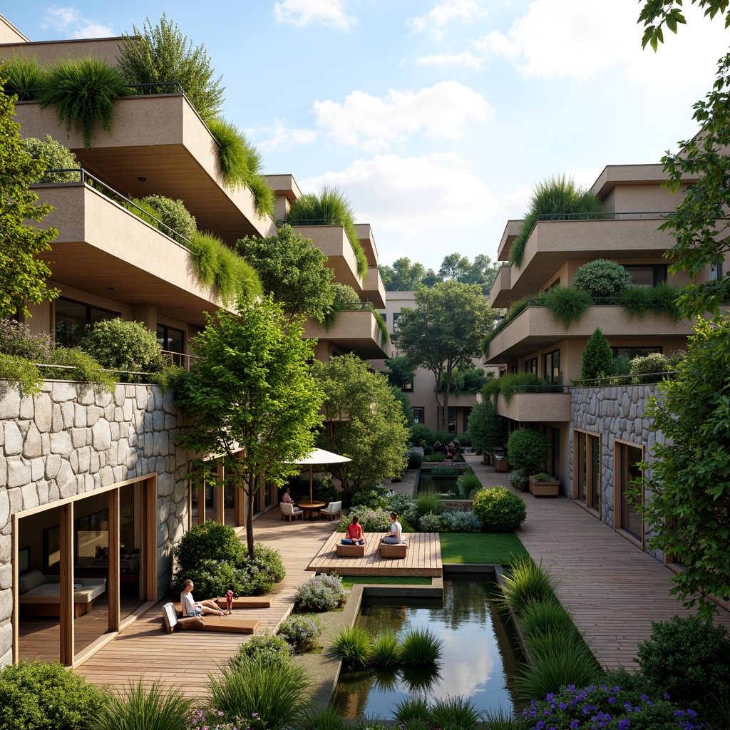 Prompt: Vibrant green roofs, lush vegetation walls, natural stone facades, wooden decks, outdoor seating areas, cantilevered balconies, floor-to-ceiling windows, sliding glass doors, seamless indoor-outdoor transitions, organic building shapes, earthy color palette, warm sunny day, soft diffused lighting, shallow depth of field, 3/4 composition, panoramic view, realistic textures, ambient occlusion.