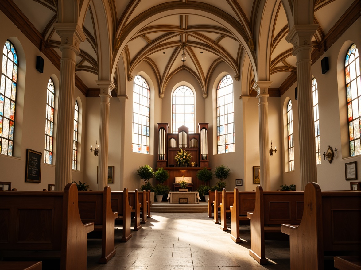 Prompt: Sacred church interior, soft warm lighting, elegant wooden pews, stained glass windows, majestic pipe organ, vaulted ceilings, ornate details, calming beige tones, rich wood accents, subtle gold trimmings, serene atmosphere, natural stone floors, gentle cream hues, inspirational quotes, peaceful ambiance, divine presence, 3/4 composition, shallow depth of field, realistic textures.