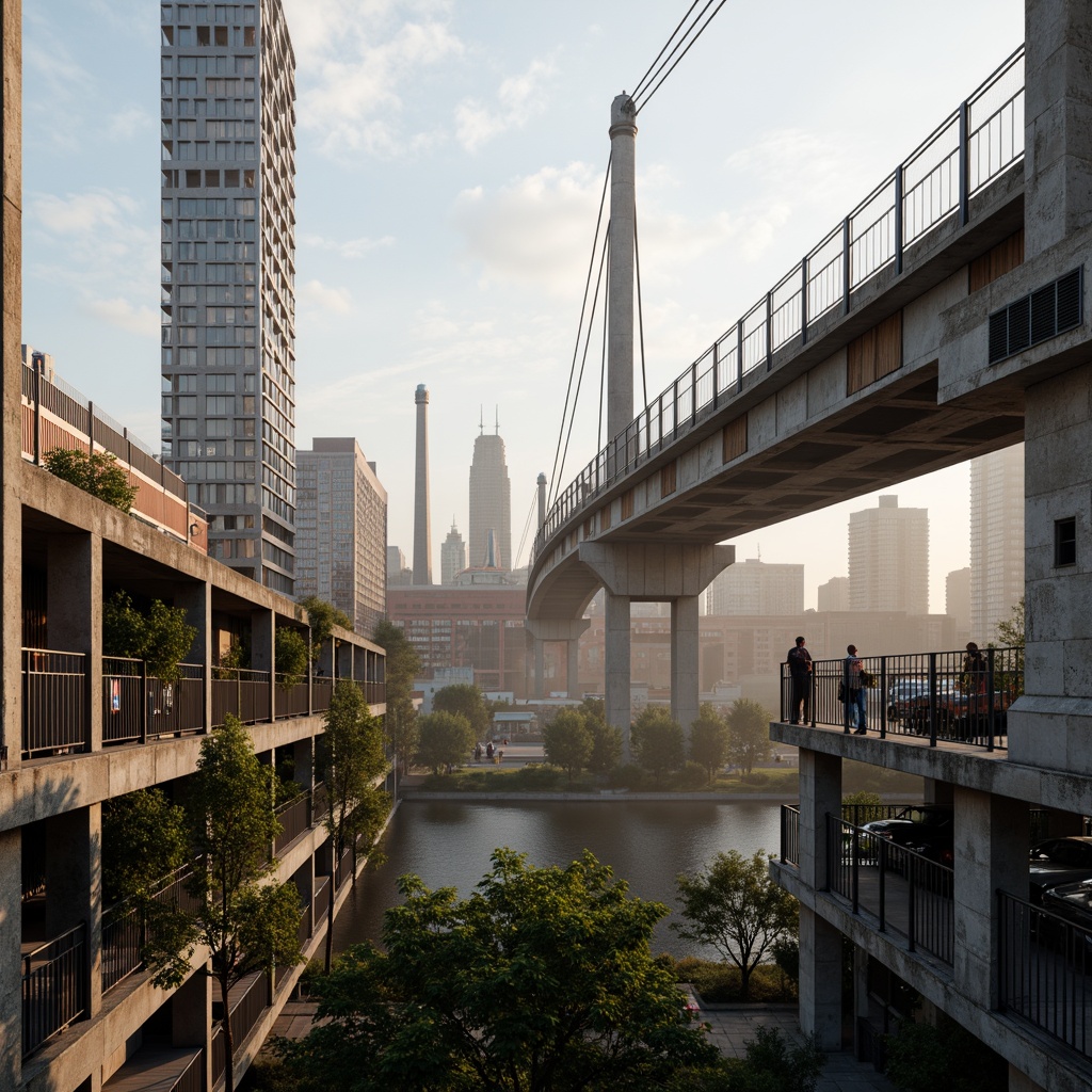 Prompt: Rustic steel bridges, industrial-style architecture, weathered metal surfaces, reinforced concrete pillars, suspended walkways, cable-stayed systems, modern minimalist design, urban cityscape, misty morning atmosphere, soft warm lighting, shallow depth of field, 1/1 composition, realistic textures, ambient occlusion.