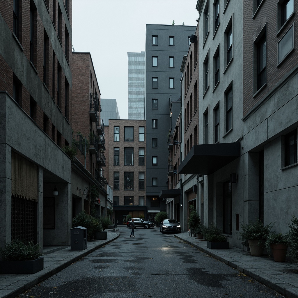 Prompt: Harsh concrete buildings, rugged textures, industrial materials, raw exposed ductwork, cold atmospheric lighting, dramatic shadows, intense spotlighting, minimalist decor, functional simplicity, urban cityscape, overcast skies, diffused natural light, 1/1 composition, high-contrast ratio, brutalist aesthetic, geometric forms, fortress-like structures, monumental scale, imposing presence, abstract compositions.