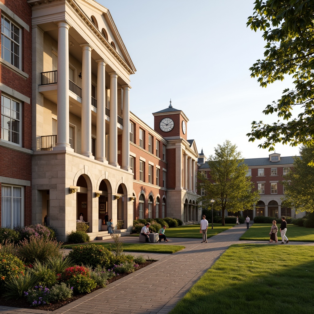 Prompt: Elegant university buildings, ivory white columns, rustic red brick facades, soft beige stone walls, ornate bronze door handles, stately clock towers, lush green lawns, vibrant flower beds, meandering pedestrian paths, tranquil fountains, warm golden lighting, shallow depth of field, 2/3 composition, symmetrical framing, realistic textures, ambient occlusion.