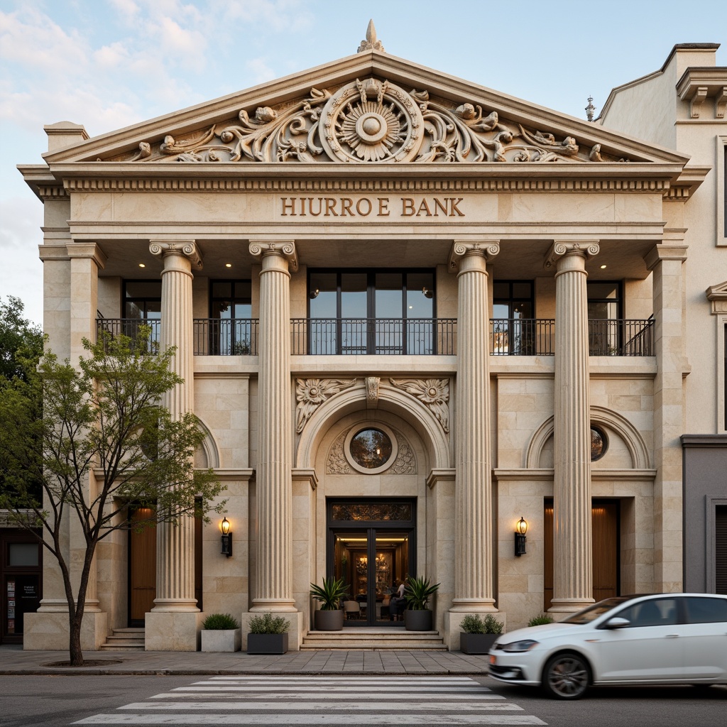 Prompt: Grandiose bank building, neoclassical facade, ornate stone carvings, Corinthian columns, symmetrical composition, rusticated base, arched windows, bronze door handles, intricate metalwork, regal entrance, imposing scale, creamy limestone walls, subtle gradient sky, soft warm lighting, shallow depth of field, 1/1 composition, realistic textures, ambient occlusion.