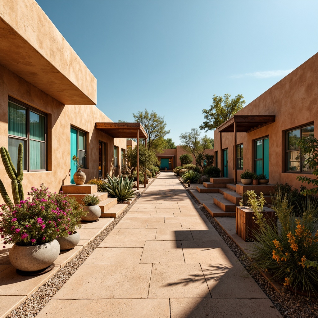 Prompt: Earthy desert tones, sandy beige buildings, warm terracotta walls, turquoise accents, rusty metal details, weathered wood textures, vibrant cactus flowers, clear blue sky, hot sunny day, dramatic shadows, high contrast lighting, 3/4 composition, shallow depth of field, panoramic view, realistic textures, ambient occlusion.