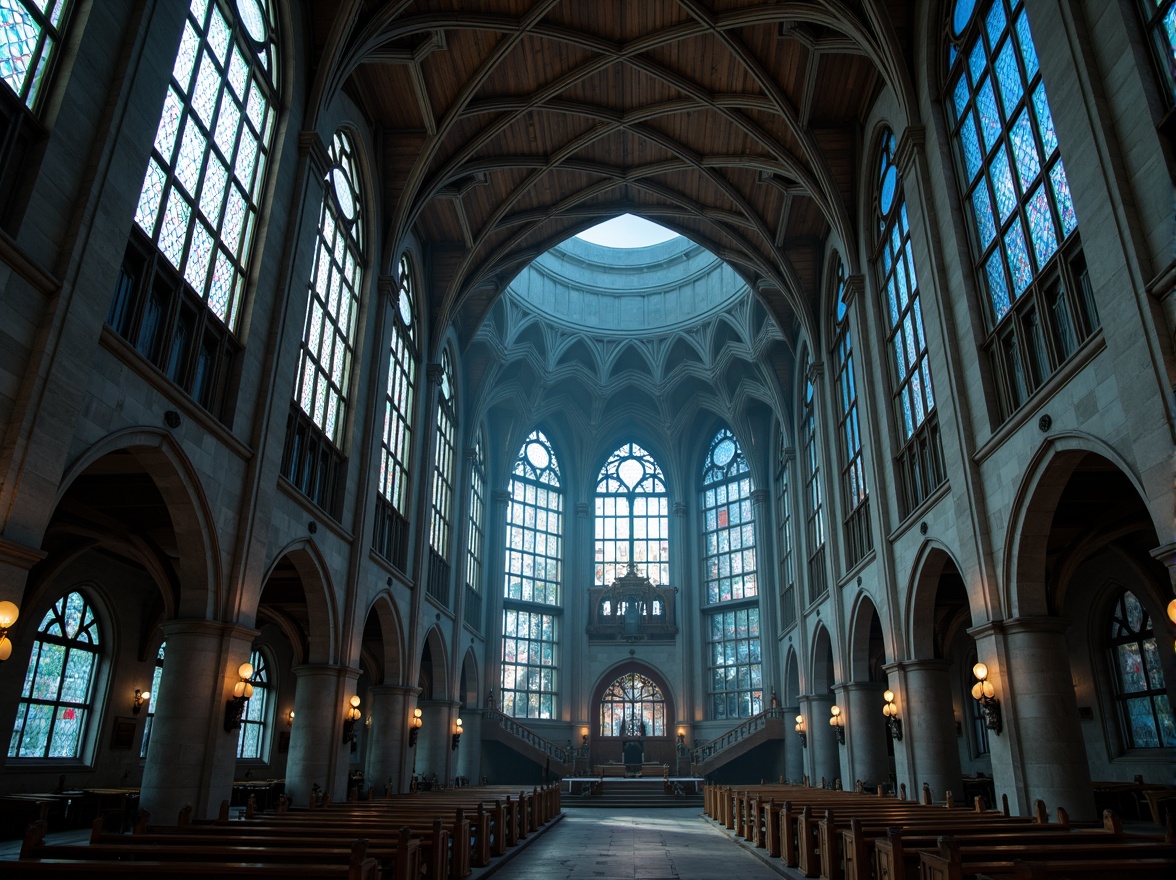 Prompt: Grand cathedral, pointed arched windows, stained glass panes, vibrant color schemes, ornate stone carvings, ribbed vaulted ceilings, flying buttresses, intricate tracery patterns, dramatic verticality, towering spires, mystical ambiance, soft diffused lighting, 1/2 composition, cinematic perspective, realistic textures, atmospheric fog.