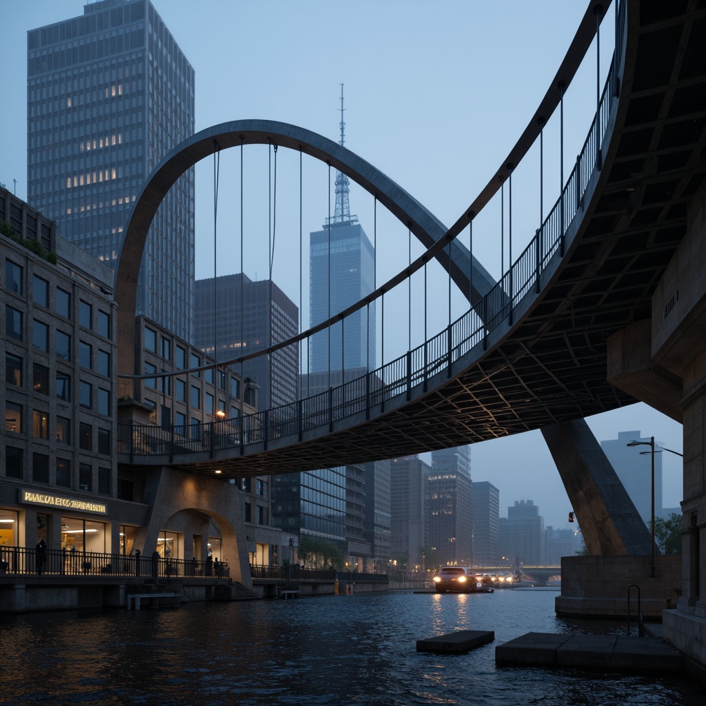 Prompt: Sleek pedestrian bridge, curved steel arches, minimalist cables, suspended walkways, urban cityscape, modernist architecture, industrial materials, exposed concrete piers, angular steel beams, asymmetrical design, cantilevered sections, dynamic lighting, nighttime illumination, misty atmospheric effects, shallow depth of field, 2/3 composition, cinematic perspective, realistic metallic textures, ambient occlusion.