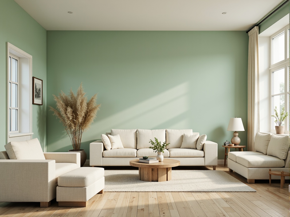 Prompt: Pale green tone walls, soft mint furniture, creamy beige accents, natural wood textures, minimalist decor, airy open space, modern Scandinavian design, large windows, indirect warm lighting, shallow depth of field, 3/4 composition, relaxed atmosphere, subtle earthy tones, gentle color gradations.