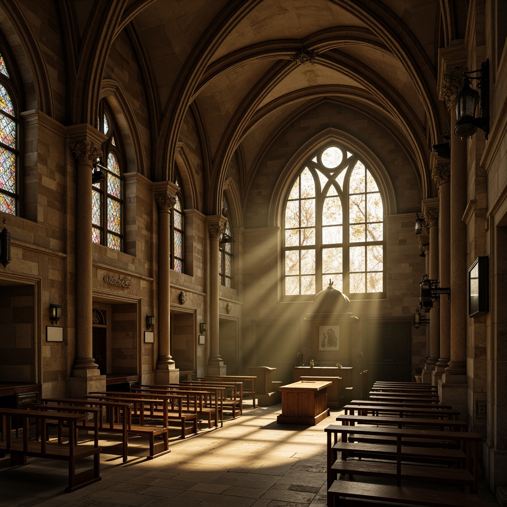 Prompt: Ancient Romanesque church, grand arches, rounded apse, stone walls, stained glass windows, intricate carvings, ornate capitals, barrel vaulted ceiling, dimly lit interior, warm golden lighting, atmospheric mist, 1/1 composition, symmetrical framing, rich textures, subtle shading, mystical ambiance.