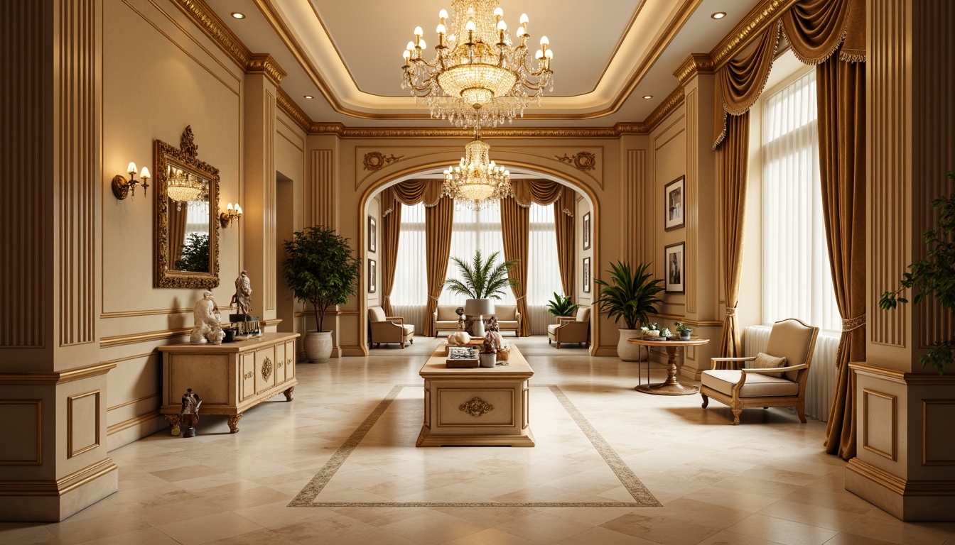 Prompt: Luxurious medical clinic, ornate golden accents, rich wood tones, lavish furnishings, opulent chandeliers, cream-colored marble floors, intricate moldings, velvet drapes, warm beige walls, soft focus lighting, shallow depth of field, 1/1 composition, realistic textures, ambient occlusion, elegant typography.