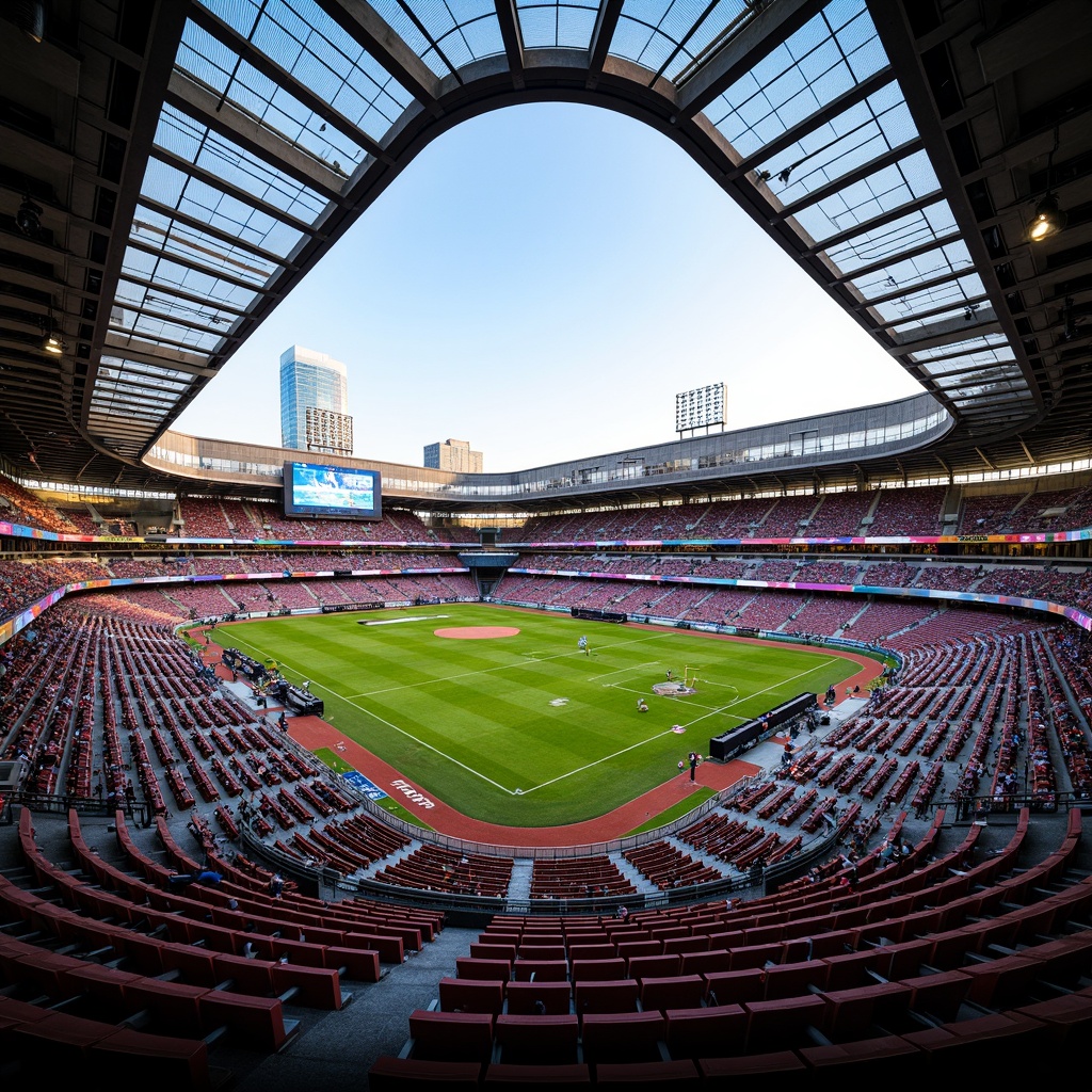 Prompt: Vibrant stadium atmosphere, dynamic seating arrangements, bold team colors, electric scoreboard displays, sleek modern architecture, angular lines, metallic materials, urban cityscape backdrop, sunny day, soft warm lighting, shallow depth of field, 3/4 composition, panoramic view, realistic textures, ambient occlusion, green grass fields, athletic tracks, sports equipment, energetic crowd scenes, stadium lights, evening ambiance.