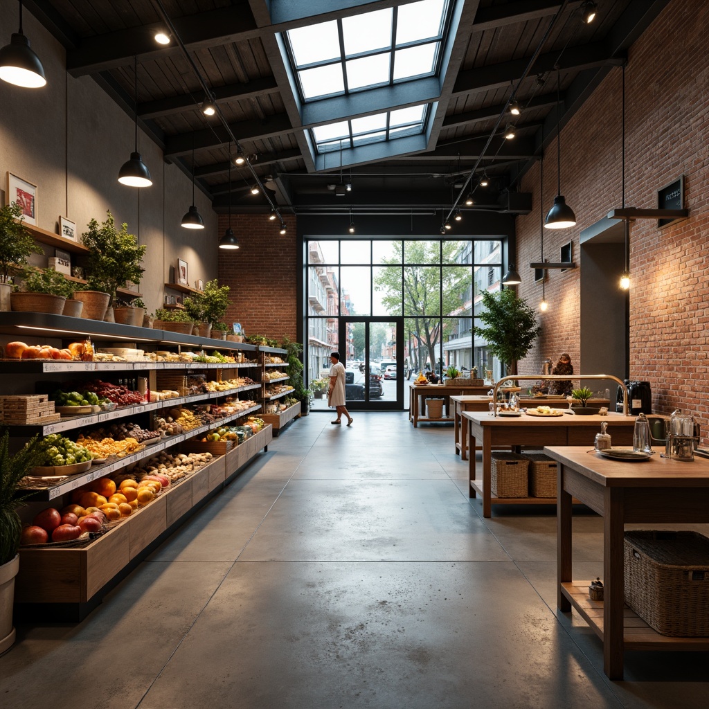 Prompt: Industrial-chic Bauhaus grocery store, exposed brick walls, polished concrete floors, minimalist shelving units, modernist lighting fixtures, warm LED strip lights, suspended metal lamps, natural daylight pouring in through clerestory windows, soft ambient glow, subtle shadows, 1/1 composition, realistic textures, high-contrast ratio, urban cityscape outside, bustling street life, morning sunlight, gentle color palette.