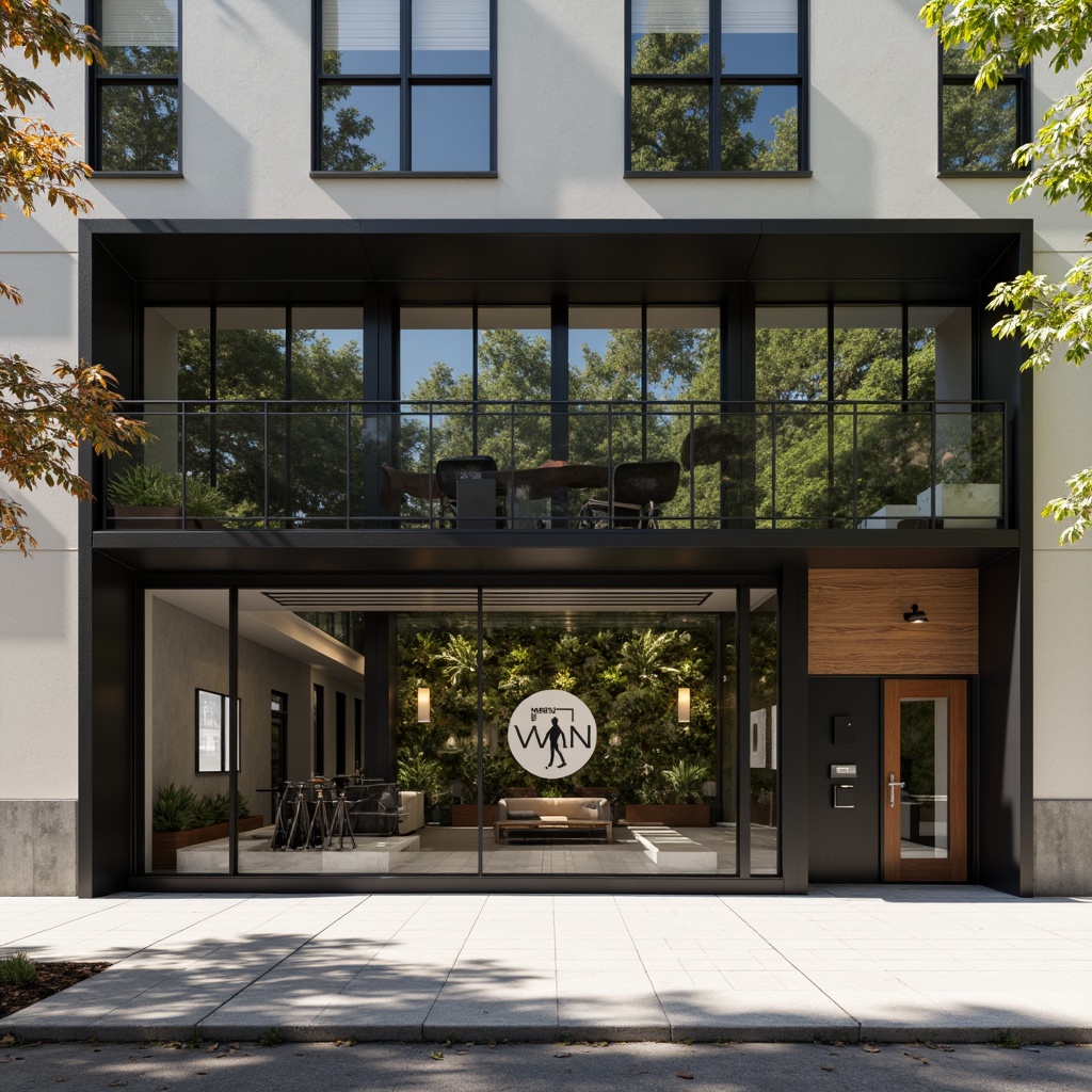 Prompt: Minimalist fitness club facade, clean lines, simple shapes, neutral tones, matte black metal frames, floor-to-ceiling glass windows, natural light, urban cityscape, morning sunlight, soft shadows, industrial chic aesthetic, exposed concrete walls, polished steel equipment, wooden accents, greenery installations, vertical gardens, modern typography, bold signage, geometric patterns, abstract textures, high-contrast lighting, dramatic shadows, 1/1 composition, close-up shots, realistic materials.