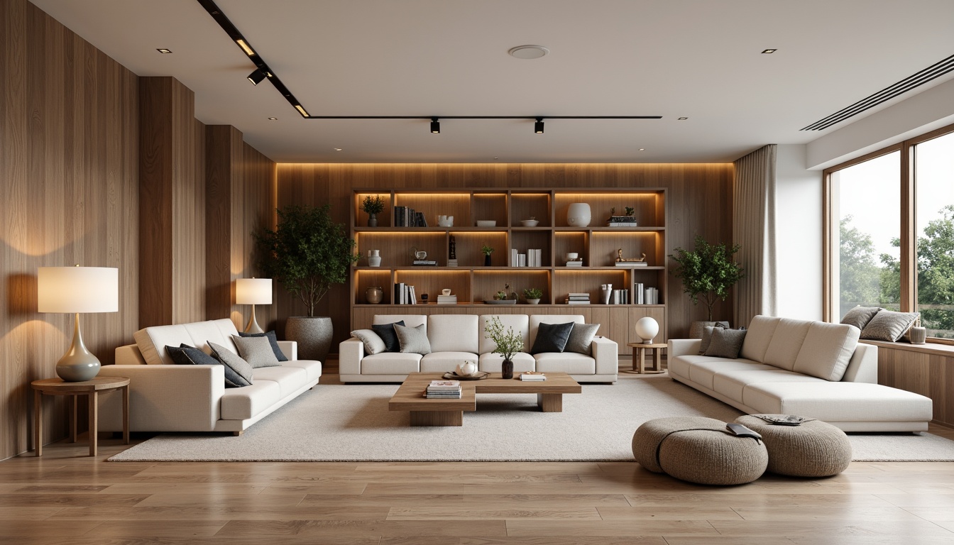 Prompt: Modern living room, minimalist furniture, neutral color palette, natural materials, wooden floors, comfortable sofas, accent chairs, floor lamps, cozy textiles, functional shelving units, concealed storage, open-plan layout, circular flow, soft warm lighting, 1/1 composition, shallow depth of field, realistic textures, ambient occlusion.