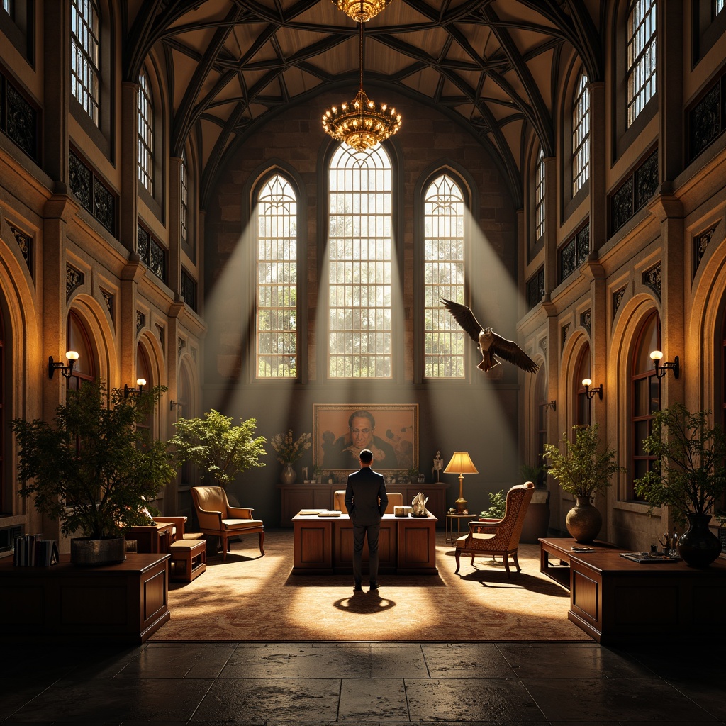 Prompt: Dramatic office interior, high ceilings, grand chandeliers, warm golden lighting, ornate wooden furniture, intricately carved stone walls, stained glass windows, pointed arches, ribbed vaults, flying buttresses, mysterious shadows, ambient fog effects, softbox lighting, cinematic composition, atmospheric perspective, detailed textures, realistic reflections.