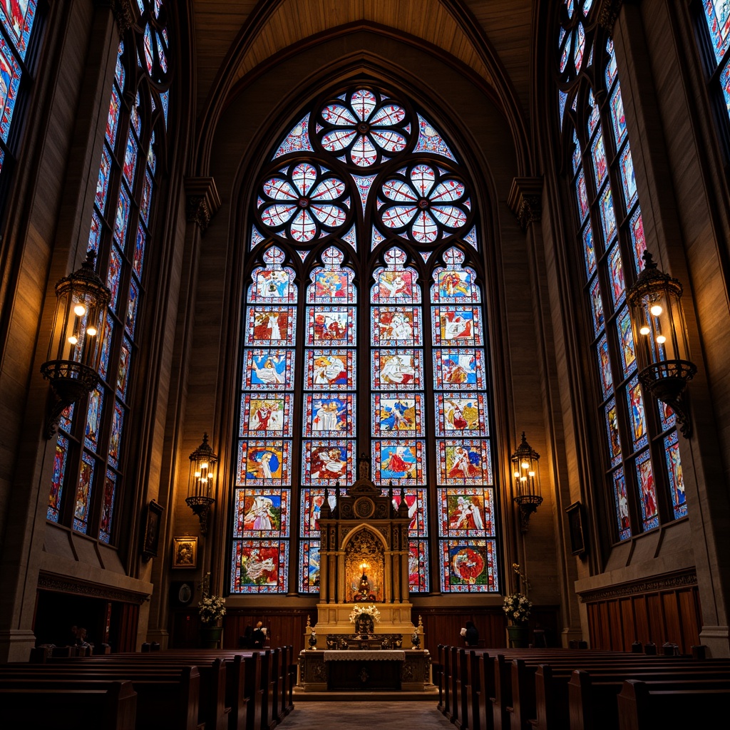 Prompt: Vibrant stained glass windows, kaleidoscope colors, ornate metal frames, intricate patterns, gothic architectural style, grand cathedrals, sacred ambiance, soft warm lighting, shallow depth of field, 1/1 composition, symmetrical view, realistic textures, ambient occlusion, subtle reflections, divine atmosphere.