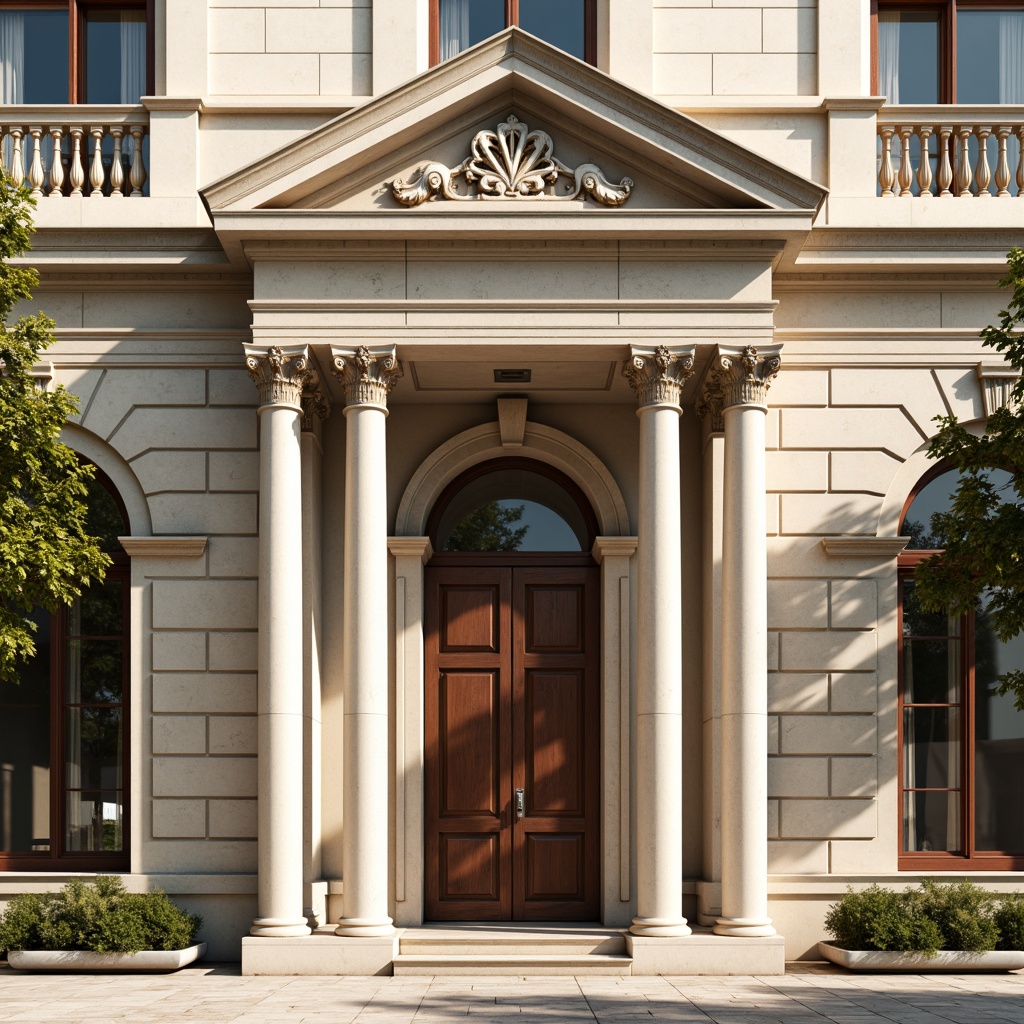 Prompt: Elegant neoclassical facade, ornate architraves, Corinthian columns, symmetrical composition, grand entrance, imposing stone walls, decorative frieze, intricate carvings, classical pediments, majestic dome, bright natural light, warm beige tones, rich marble textures, ornamental moldings, refined proportions, 1/2 composition, shallow depth of field, realistic rendering.