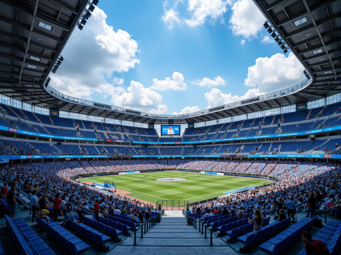 Prompt: Vibrant sports stadium, dynamic seating areas, electric blue accents, bright white LED lighting, sleek metallic railings, bold team logo displays, energetic crowd atmosphere, sunny daytime setting, shallow depth of field, 1/1 composition, realistic textures, ambient occlusion, modern architectural design, curved lines, geometric patterns, concrete flooring, retractable roofs, state-of-the-art sound systems.