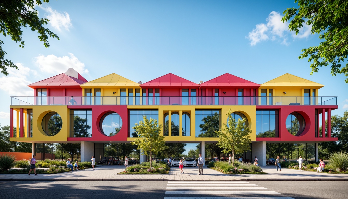 Prompt: Vibrant school building, bold geometric shapes, colorful triangular roofs, circular windows, angular lines, modern architecture, sleek metal fa\u00e7ades, reflective glass surfaces, minimal ornamentation, functional design, educational signage, dynamic lighting effects, shallow depth of field, 3/4 composition, panoramic view, realistic textures, ambient occlusion.