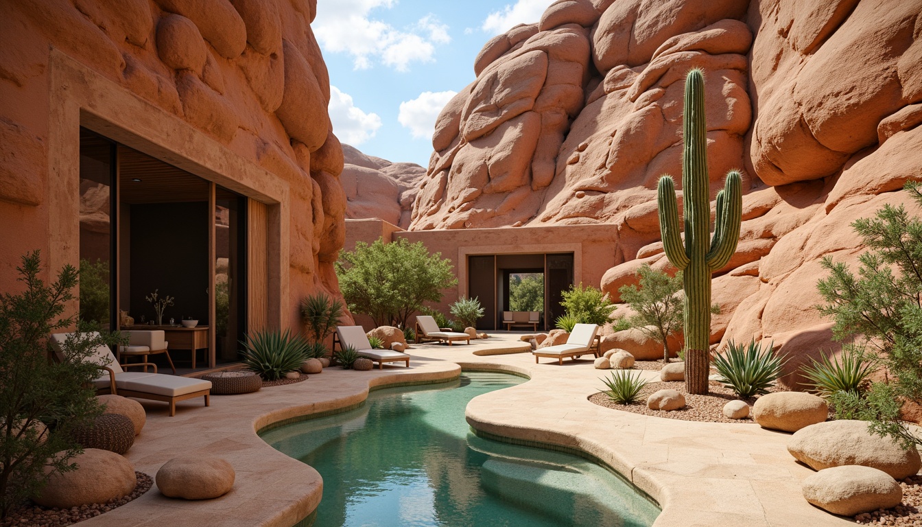 Prompt: Earth-toned canyon walls, rusty red rock formations, warm beige sandy dunes, turquoise water reflections, deep blue skies, vibrant green cacti, weathered wooden accents, natural linen textures, rough stone pathways, modern minimalist architecture, large glass windows, sliding doors, desert flora patterns, soft warm lighting, high contrast ratio, 3/4 composition, panoramic view, realistic rock textures, ambient occlusion.