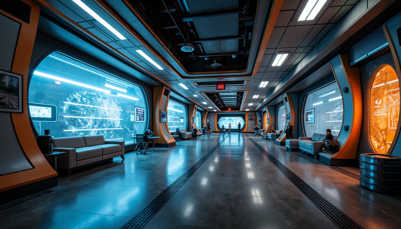 Prompt: Futuristic high-tech station, neon-lit corridors, metallic surfaces, gleaming accents, holographic displays, sleek modern architecture, LED lighting systems, dynamic color schemes, electric blue hues, vibrant orange tones, bright white highlights, dark grey backgrounds, atmospheric misting effects, 3/4 composition, shallow depth of field, realistic reflections, ambient occlusion.